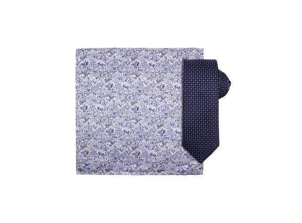 Santi silkeslips+lommetørkle mønstret sett hengende navy 