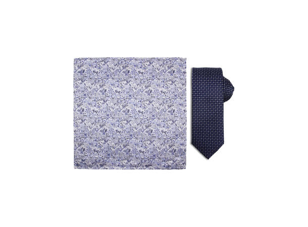 Santi silkeslips+lommetørkle mønstret sett hengende navy 