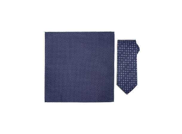 Santi silkeslips+lommetørkle mønstret sett hengende blå 