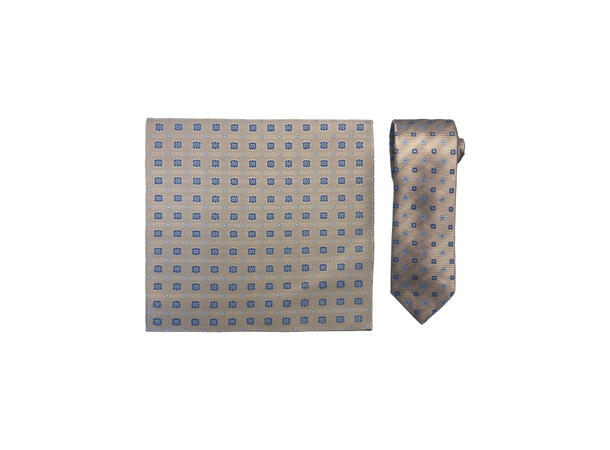 Santi silkeslips+lommetørkle mønstert* sett hengende beige 