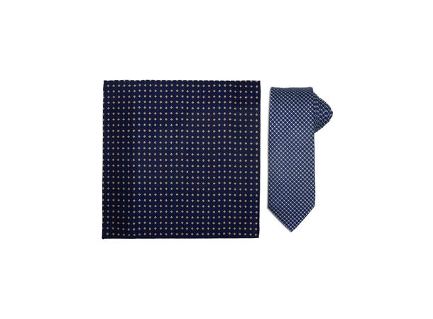 Santi silkeslips+lommetørkle mønstert sett hengende navy 