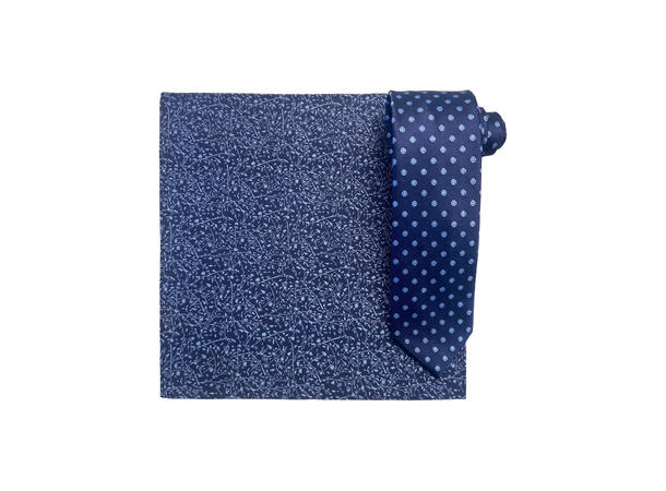 Santi silkeslips+lommetørkle mønstert sett hengende navy 