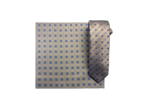 Santi silkeslips+lommetørkle mønstert sett hengende beige 