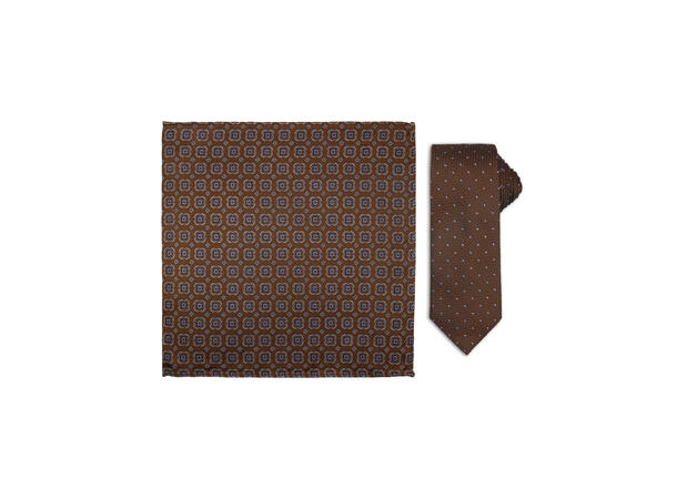 Santi silkeslips+lommetørkle mønstert sett hengende cognac 