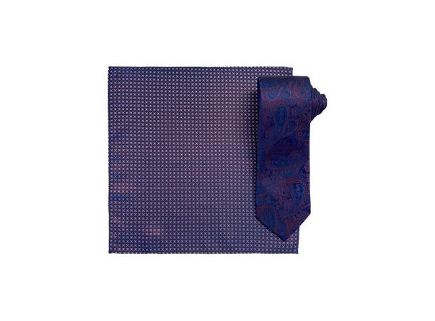 Santi silkeslips+lommetørkle mønstert sett hengende vinrød 