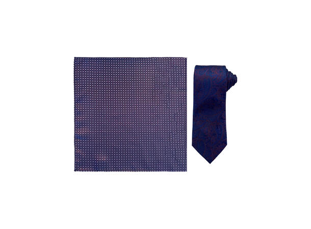 Santi silkeslips+lommetørkle mønstert sett hengende vinrød 