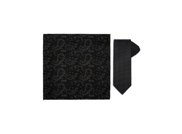 Santi silkeslips+lommetørkle mønstret* sett hengende sort 