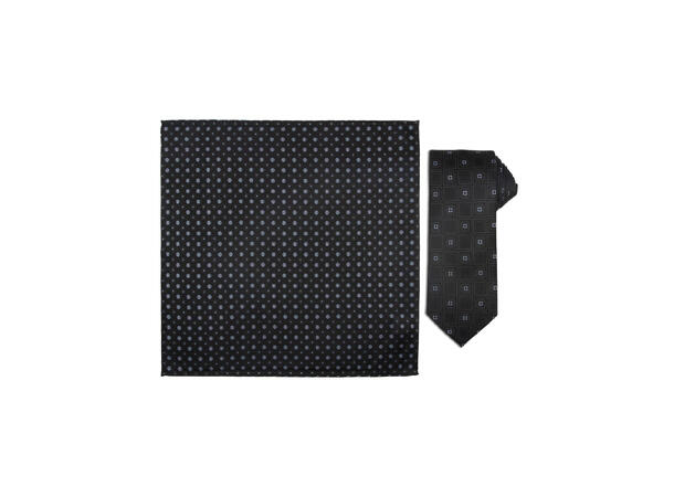 Santi silkeslips+lommetørkle mønstret sett hengende sort 