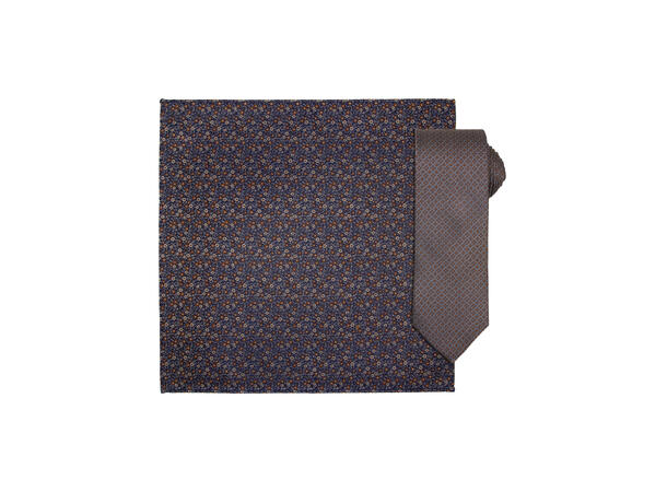 Santi silkeslips+lommetørkle mønstret sett hengende brun 