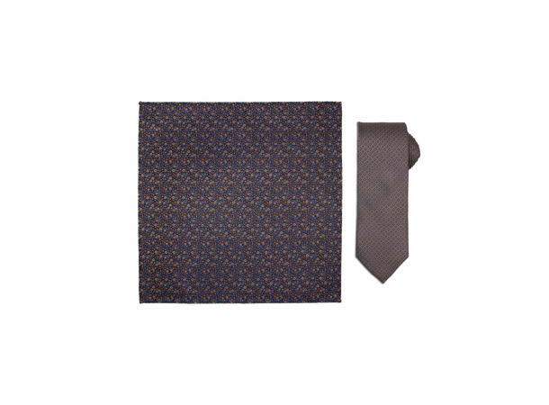 Santi silkeslips+lommetørkle mønstret sett hengende brun 