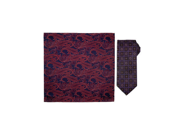 Santi silkeslips+lommetørkle mønstret sett hengende vinrød 