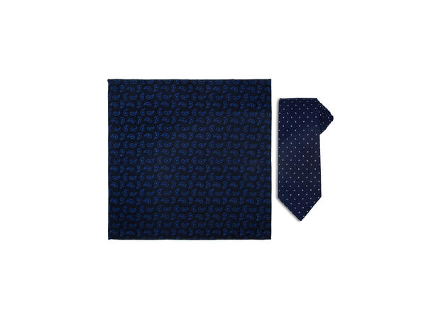 Santi 8cm silkeslips+lommetørkle mønster sett hengende blå 
