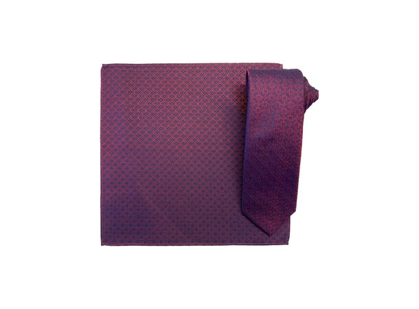 Santi silkeslips+lommetørkle mønstert sett hengende vinrød 