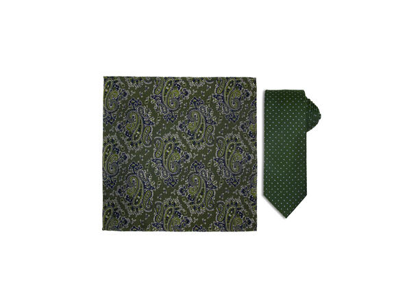 Santi silkeslips+lommetørkle mønstret* sett hengende grønn 