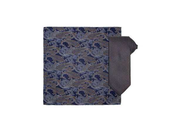 Santi silkeslips+lommetørkle mønstret sett hengende brun 