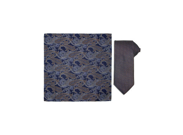 Santi silkeslips+lommetørkle mønstret sett hengende brun 