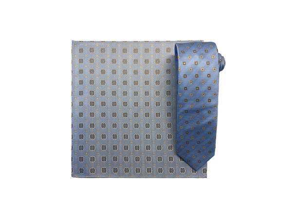 Santi silkeslips+lommetørkle mønstert* sett hengende blå 