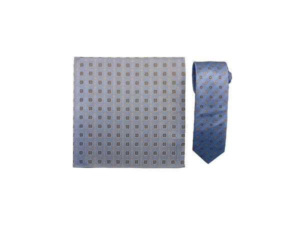 Santi silkeslips+lommetørkle mønstert* sett hengende blå 