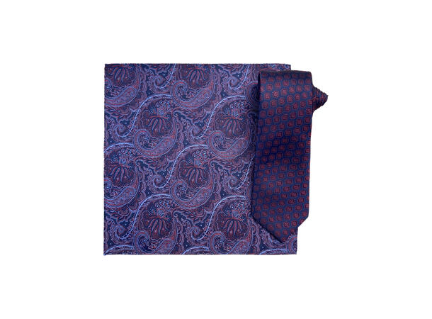 Santi silkeslips+lommetørkle mønstert sett hengende vinrød 
