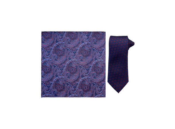 Santi silkeslips+lommetørkle mønstert sett hengende vinrød 