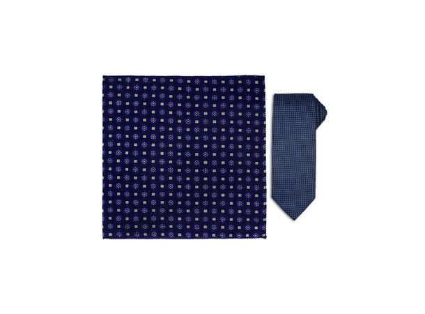 Santi silkeslips+lommetørkle mønstert sett hengende blå 