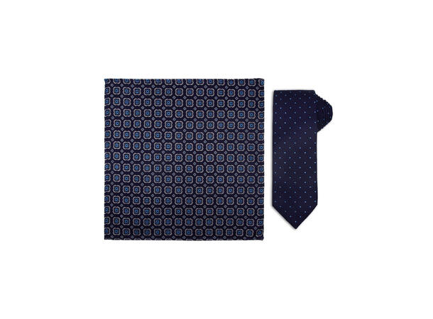 Santi silkeslips+lommetørkle mønstert sett hengende blå 