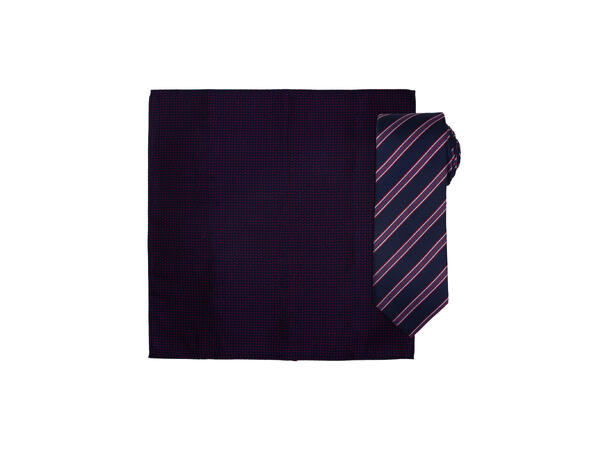 Santi silkeslips+lommetørkle mønstert sett hengende rød/navy 