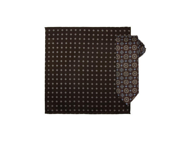 Santi silkeslips+lommetørkle mønstret* sett hengende brun 