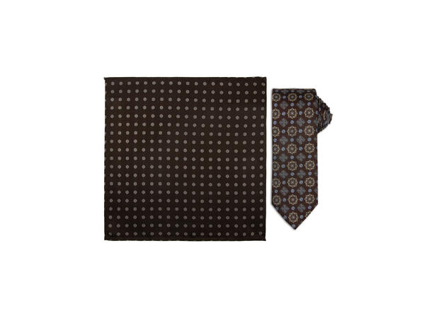 Santi silkeslips+lommetørkle mønstret* sett hengende brun 