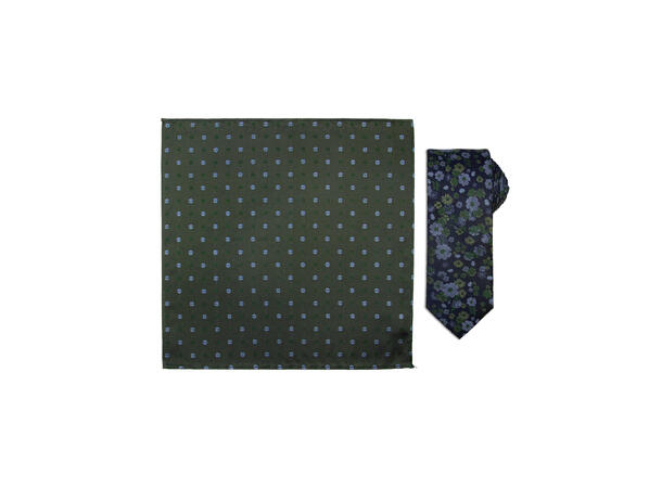 Santi silkeslips+lommetørkle mønstret* sett hengende grønn 