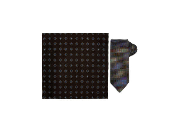 Santi silkeslips+lommetørkle mønstret sett hengende brun 