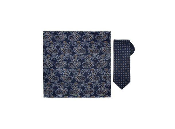 Santi silkeslips+lommetørkle mønstret sett hengende navy 