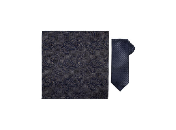 Santi silkeslips+lommetørkle mønstret sett hengende navy 