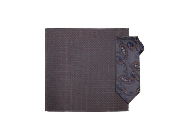 Santi silkeslips+lommetørkle mønstret sett hengende brun 