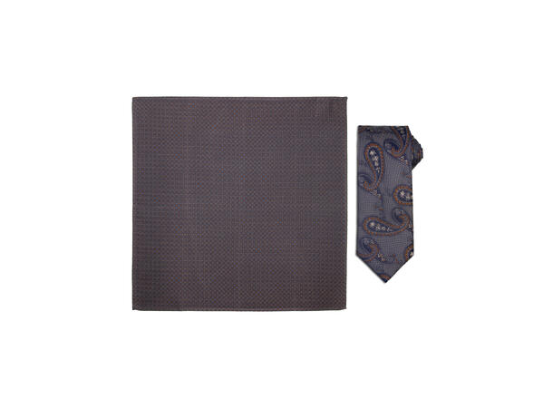 Santi silkeslips+lommetørkle mønstret sett hengende brun 