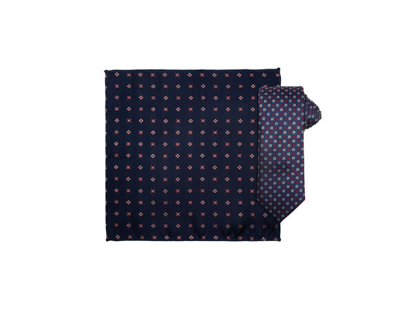 Santi silkeslips+lommetørkle mønstret sett hengende rød/navy 