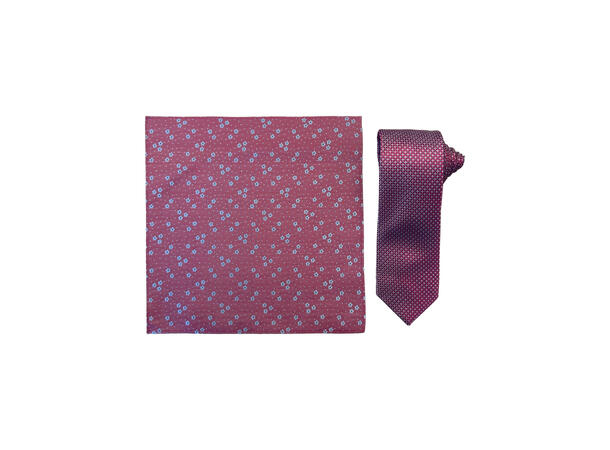 Santi silkeslips+lommetørkle mønstert sett hengende rosa 