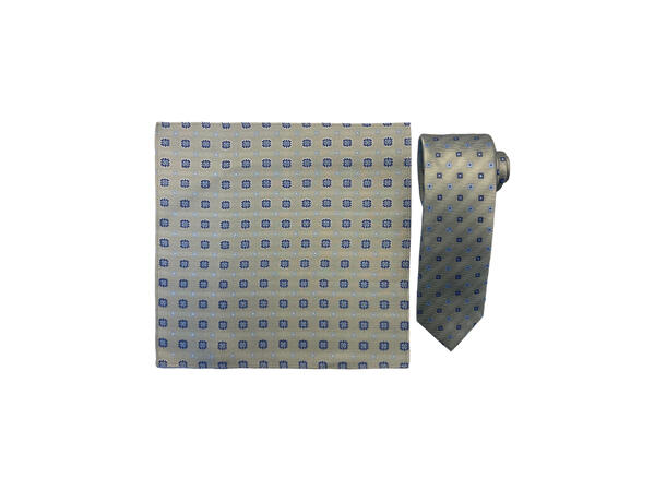 Santi silkeslips+lommetørkle mønstert sett hengende grønn 