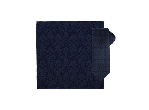 Santi silkeslips+lommetørkle mønstert sett hengende navy 