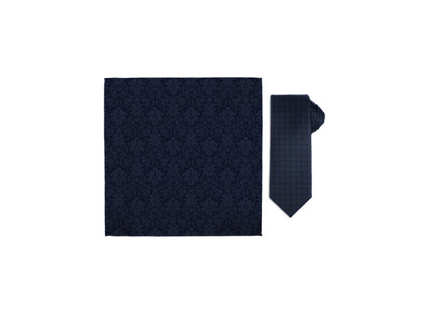 Santi silkeslips+lommetørkle mønstert sett hengende navy 