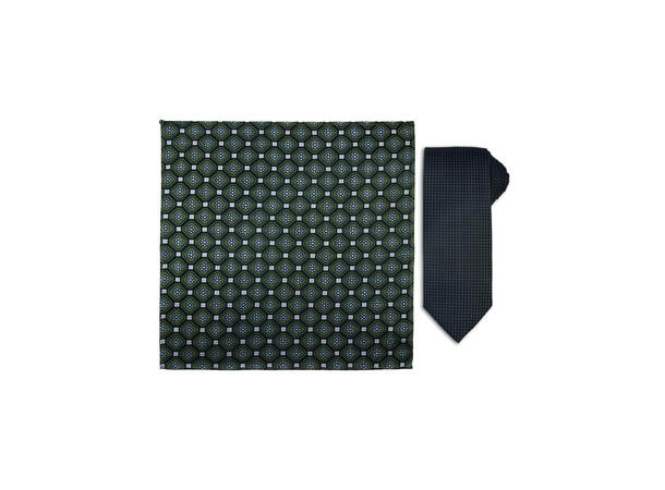 Santi silkeslips+lommetørkle mønstert sett hengende grønn 