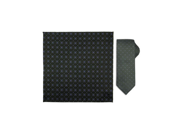 Santi silkeslips+lommetørkle mønstert sett hengende grønn 