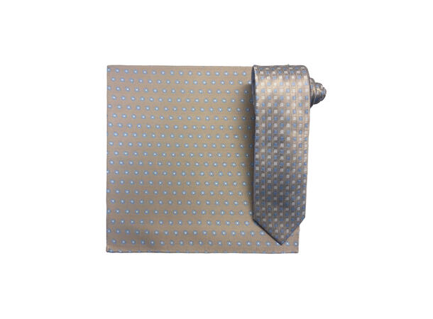 Santi silkeslips+lommetørkle mønstert sett hengende beige 