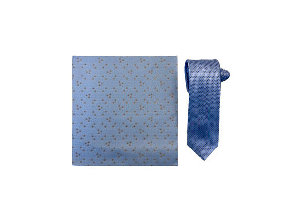 Santi silkeslips+lommetørkle mønstert sett hengende blå 