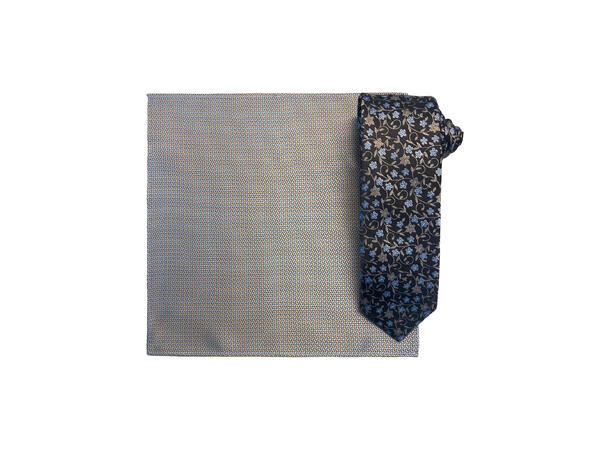 Santi silkeslips+lommetørkle mønstert sett hengende beige 