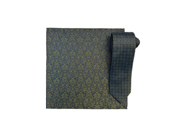 Santi silkeslips+lommetørkle mønstert sett hengende grønn 