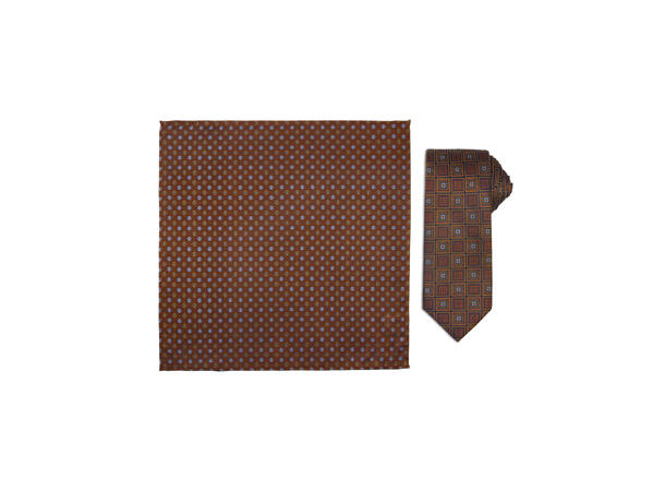 Santi silkeslips+lommetørkle mønstret* sett hengende cognac 