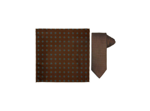 Santi silkeslips+lommetørkle mønstret sett hengende cognac 