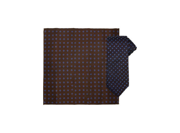 Santi silkeslips+lommetørkle mønstret sett hengende brun 