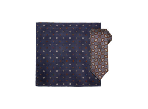 Santi silkeslips+lommetørkle mønstret sett hengende brun 